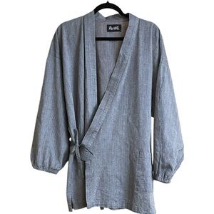 Gray Kimono Robe Wide Balloon Sleeves Wrap Front Pocket Mandarin Collar